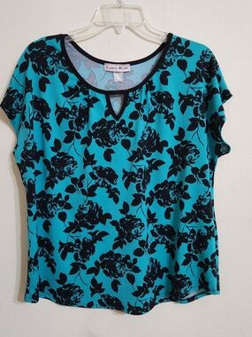 Carol Rose Teal and Black Floral Keyhole Short Sleeve Top